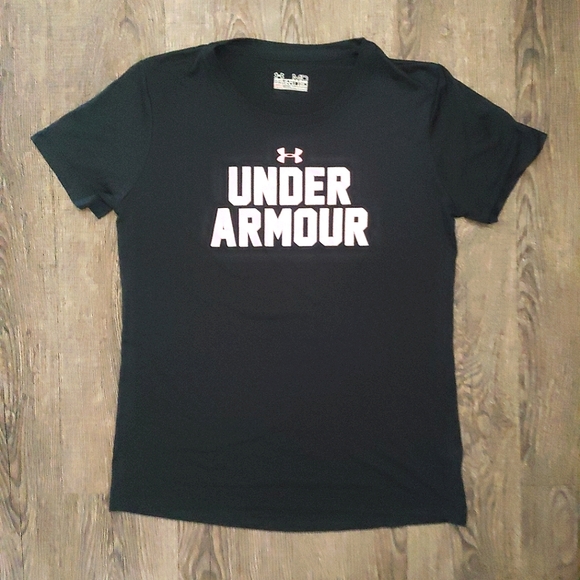 Under Armour Women's T-shirt Size Medium Semi-Fitted Heat Gear Black Spell Out - Picture 2 of 12